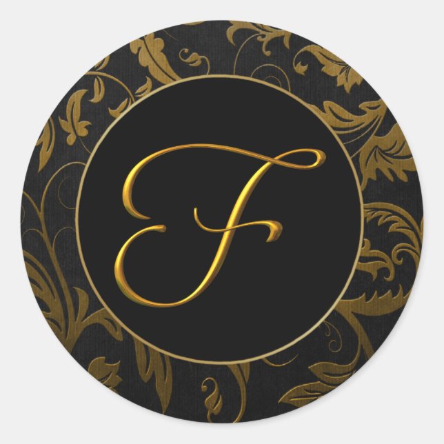 Monogram F Gold and Black Damask Wedding Seal (Front)