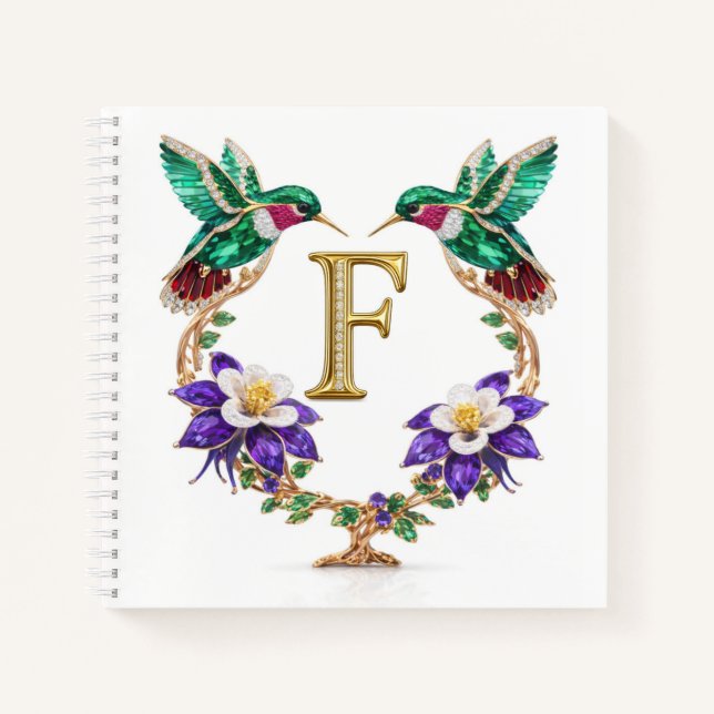 Monogram F Gold Hummingbird Bridal Shower Gift Notebook (Front)