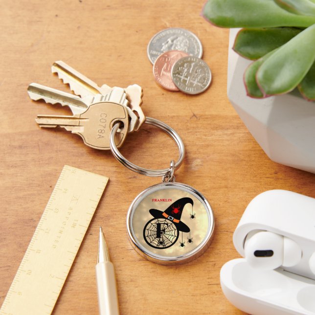 Monogram F Halloween Sky Witch Spiders Name Keychain (Desk)
