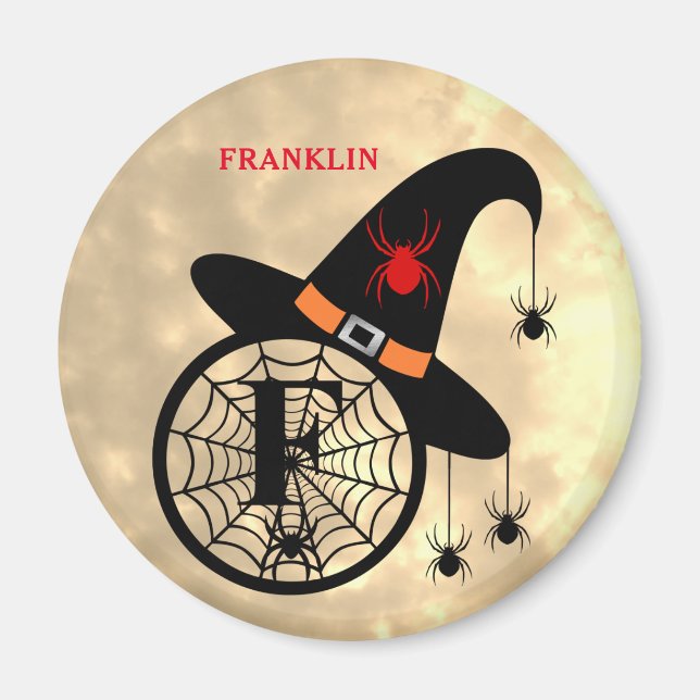 Monogram F Halloween Sky Witch Spiders Name Magnet (Front)
