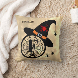 Monogram F Halloween Sky Witch Spiders Name Throw Pillow
