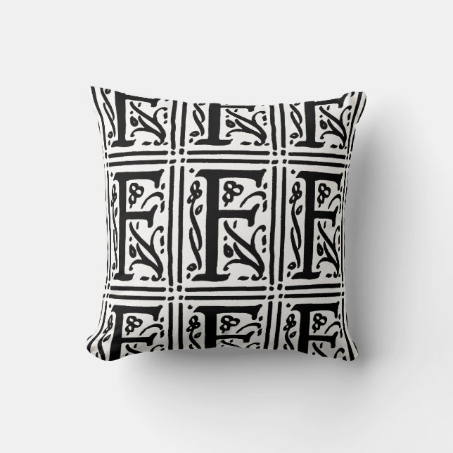 Monogram F Initial Black and White Floral Pattern Throw Pillow (Front)