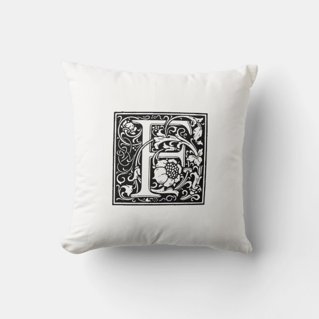 Monogram F Initial Black and White Floral Pattern Throw Pillow (Front)