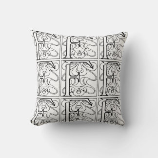 Monogram F Initial Black and White Floral Pattern Throw Pillow