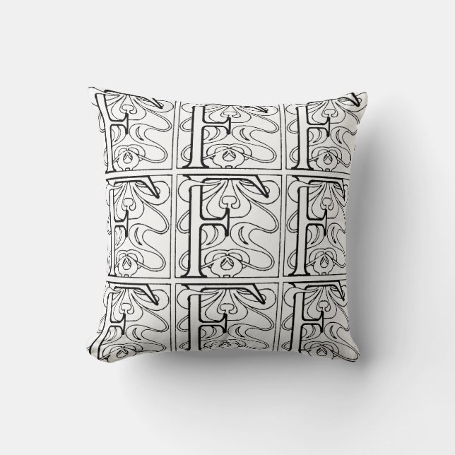 Monogram F Initial Black and White Floral Pattern Throw Pillow (Front)