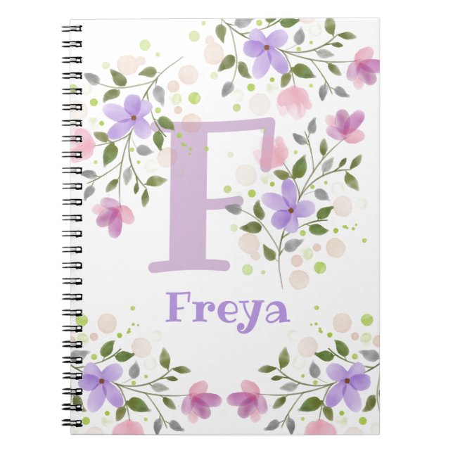 Monogram F & Name Freya with Flowers Notebook (Front)