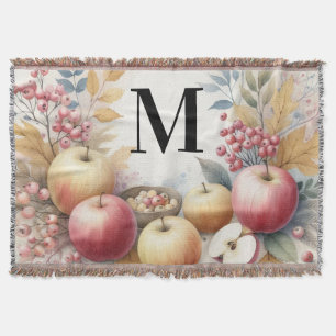 Monogram Fall apples in pastel colours watercolor  Throw Blanket
