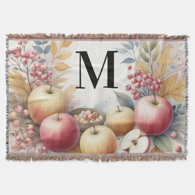 Monogram Fall apples in pastel colours watercolor  Throw Blanket (Front)
