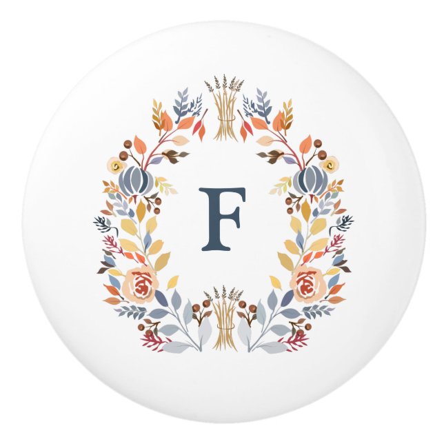 Monogram Fall Colour Yellow, Orange Red Blue Flora Ceramic Knob (Front)