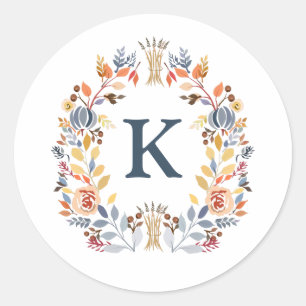 Monogram Fall Colour Yellow, Orange Red Blue Flora Classic Round Sticker