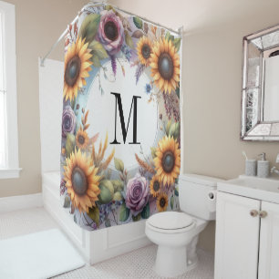 Monogram Fall flowers and sunflowers watercolor