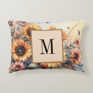 Monogram Fall flowers and sunflowers watercolor Accent Pillow