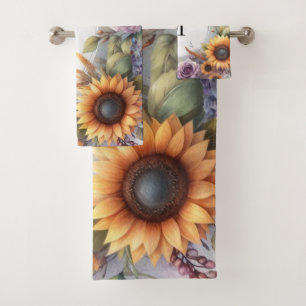 Monogram Fall flowers and sunflowers watercolor Bath Towel Set