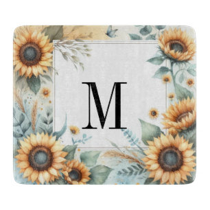Monogram Fall flowers and sunflowers watercolor Cutting Board