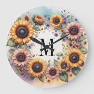 Monogram Fall flowers and sunflowers watercolor Large Clock