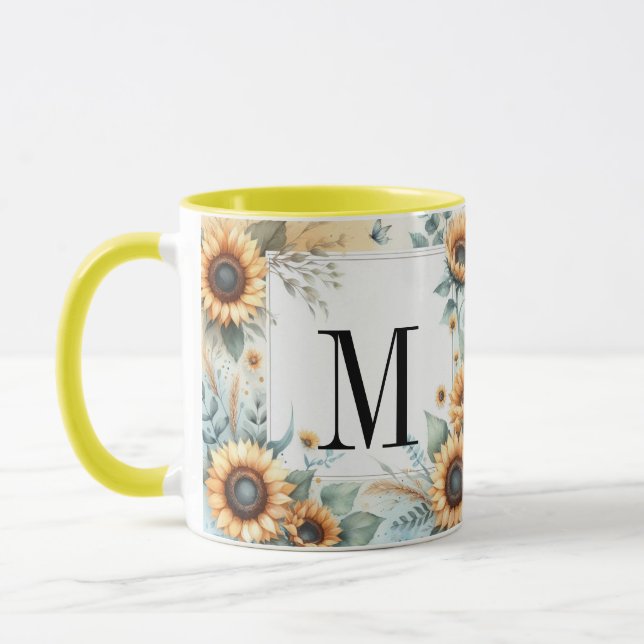 Monogram Fall flowers and sunflowers watercolor Mug (Left)