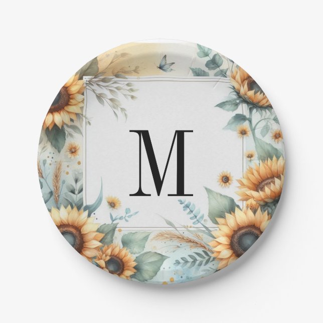 Monogram Fall flowers and sunflowers watercolor Paper Plate (Front)