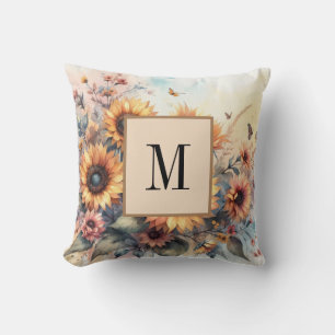 Monogram Fall flowers and sunflowers watercolor Throw Pillow