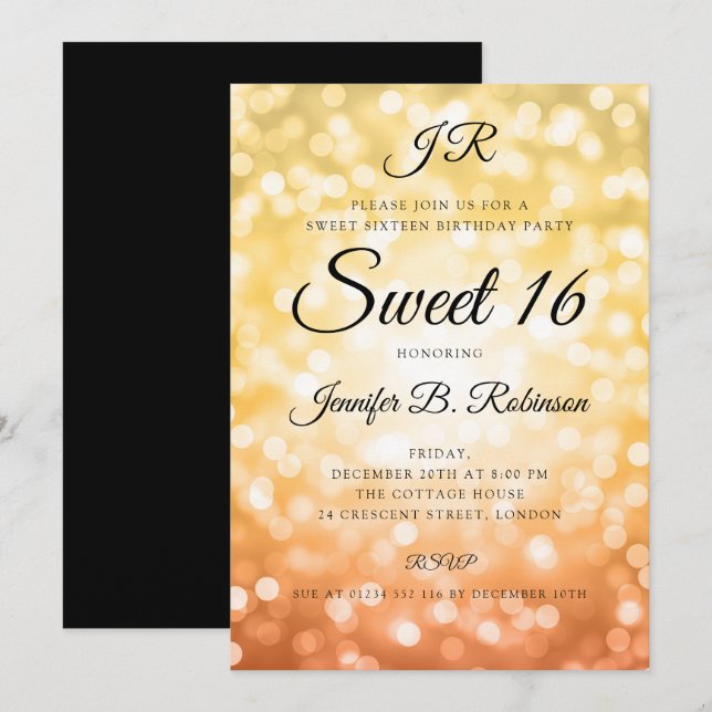 Monogram Fall Glitter Lights Sweet 16 Birthday Invitation (Front/Back)
