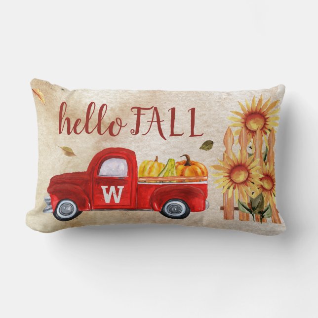 Monogram Fall Is Here Red Truck Pumpkin Sunflowers Lumbar Pillow (Front)