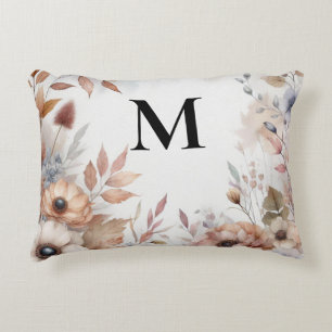 Monogram Fall leaves and flowers watercolor Accent Pillow