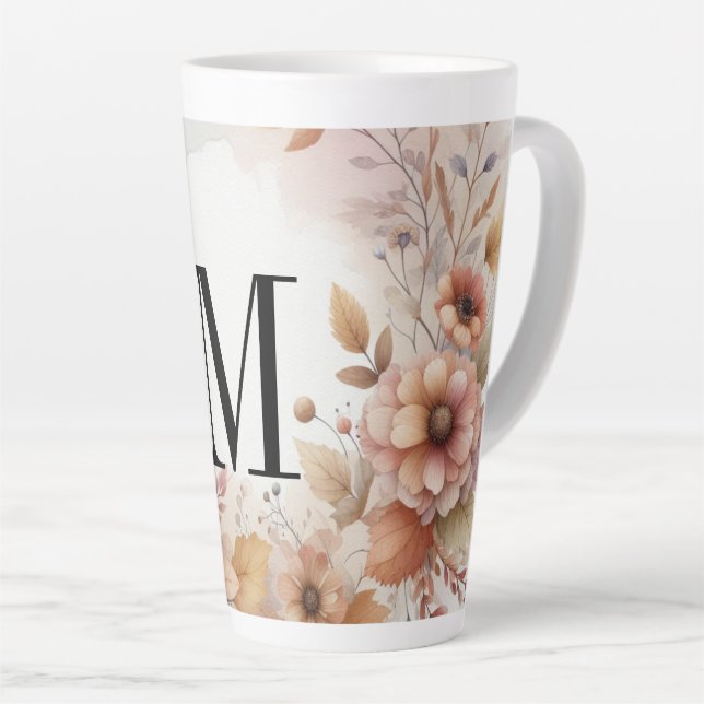 Monogram Fall leaves and flowers watercolor  Latte Mug (Right Angle)