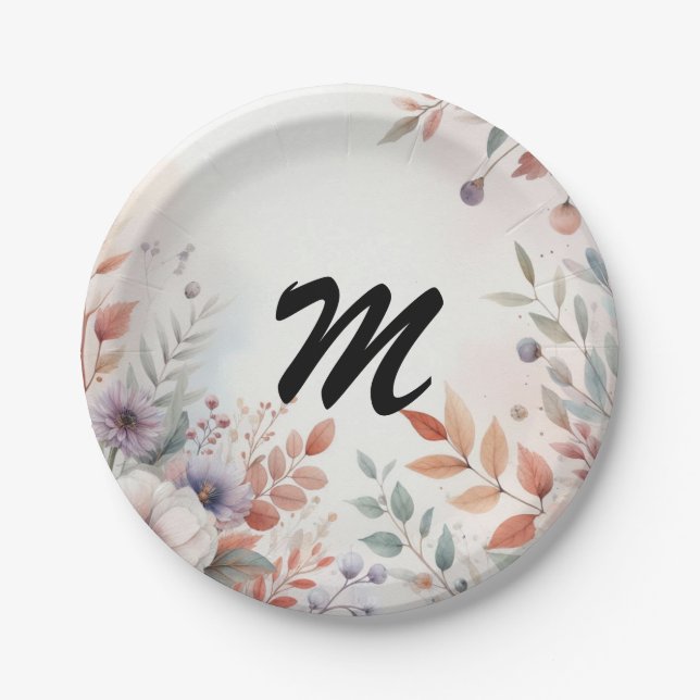 Monogram Fall leaves and flowers watercolor  Paper Plate (Front)