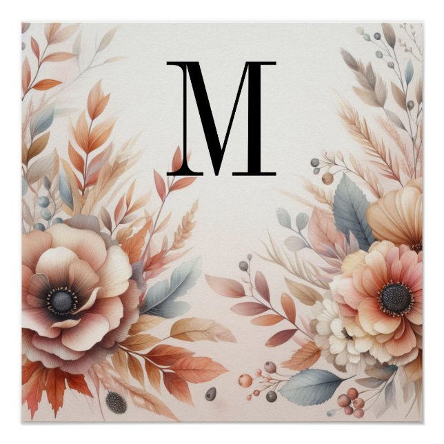 Monogram Fall leaves and flowers watercolor  Poster (Front)