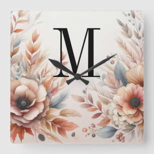 Monogram Fall leaves and flowers watercolor Square Wall Clock