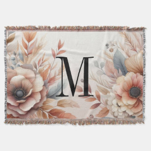 Monogram Fall leaves and flowers watercolor Throw Blanket