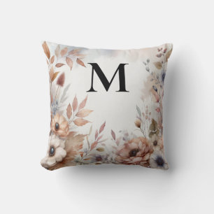 Monogram Fall leaves and flowers watercolor  Throw Pillow