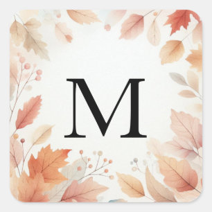 Monogram Fall leaves watercolor pastel colour Square Sticker