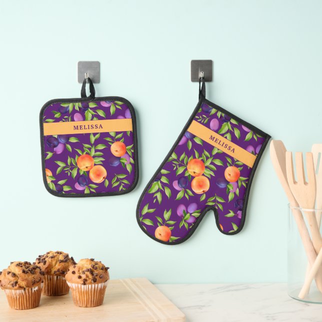 Monogram Fall Peache Plum Purple Green Cute Fruit Oven Mitt & Pot Holder Set (Insitu(Hanging))