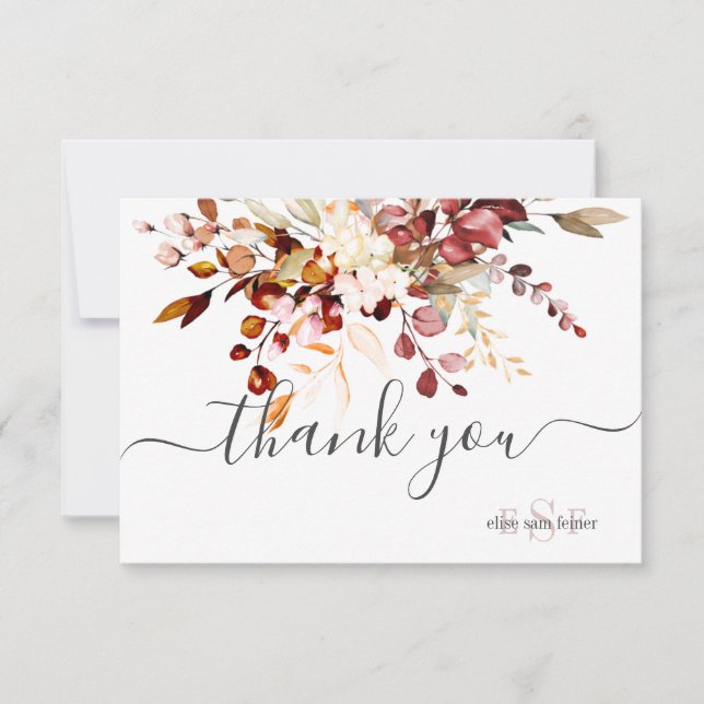 Monogram Fall Rustic Gum Eucalyptus Thank You Card (Front)