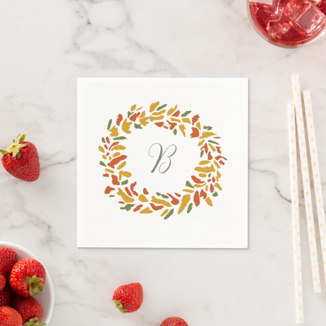 Monogram Fall Wreath Custom Autumn Painting Napkin (Insitu)