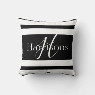 Monogram Family Black and White Stripes Throw Pillow