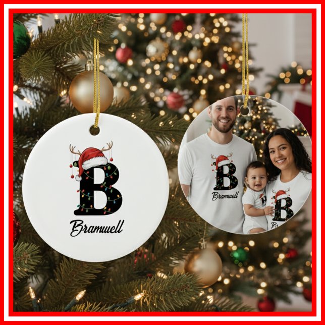 Monogram Family Christmas Antlers Santa Hat PHOTO Ceramic Ornament (Creator Uploaded)