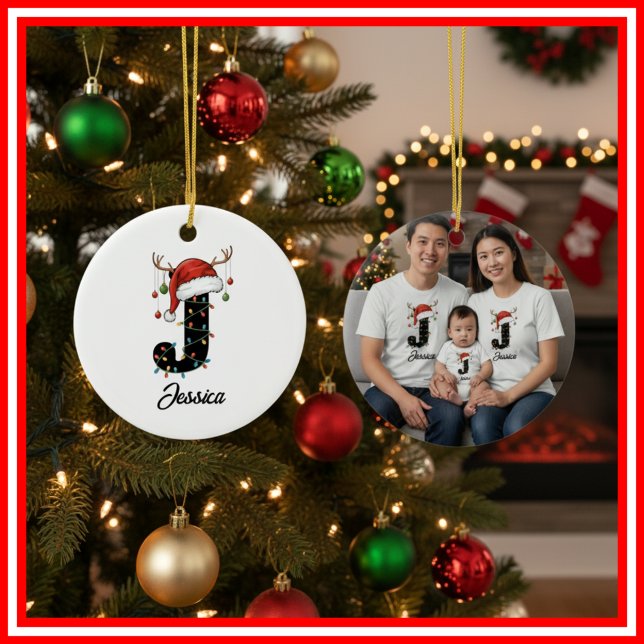 Monogram Family Christmas Antlers Santa Hat PHOTO Ceramic Ornament (Creator Uploaded)