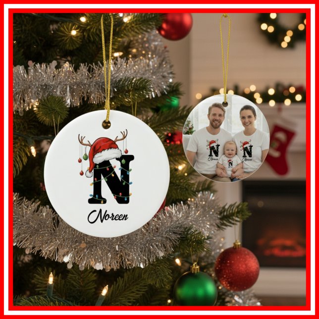 Monogram Family Christmas Antlers Santa Hat PHOTO Ceramic Ornament (Creator Uploaded)
