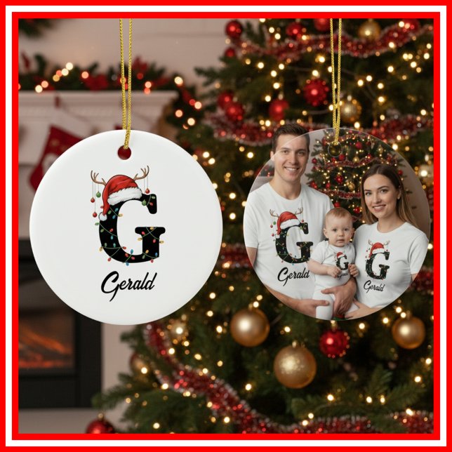 Monogram Family Christmas Antlers Santa Hat PHOTO Ceramic Ornament (Creator Uploaded)