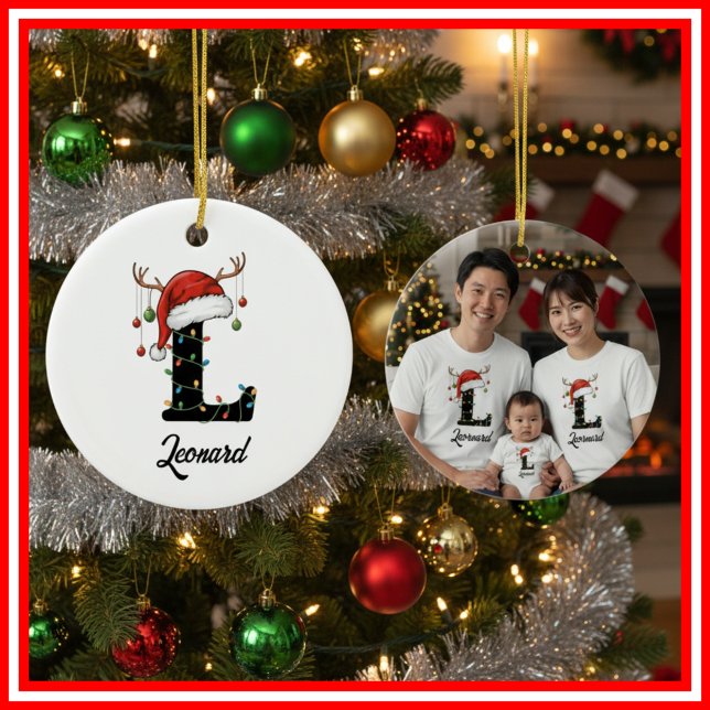 Monogram Family Christmas Antlers Santa Hat PHOTO Ceramic Ornament (Creator Uploaded)
