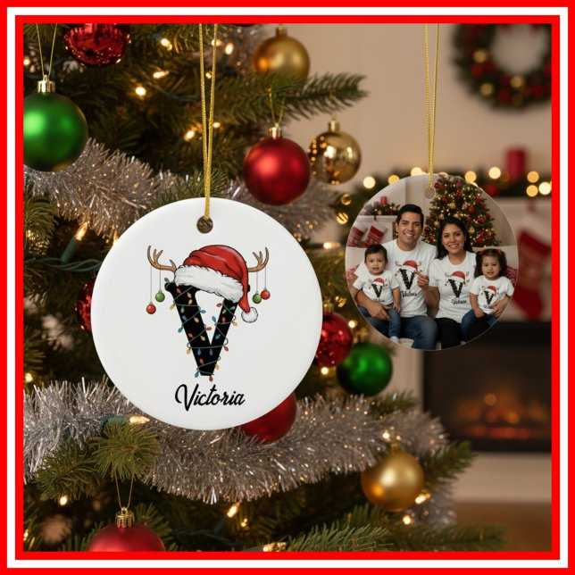 Monogram Family Christmas Antlers Santa Hat PHOTO Ceramic Ornament (Creator Uploaded)