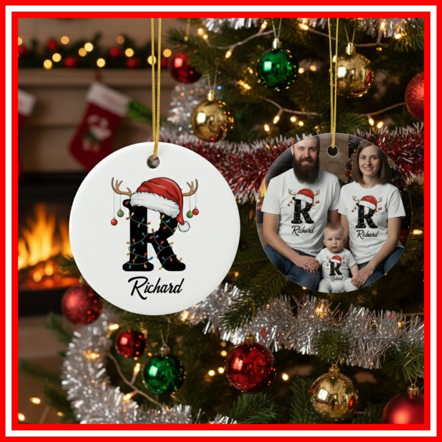 Monogram Family Christmas Antlers Santa Hat PHOTO Ceramic Ornament (Creator Uploaded)