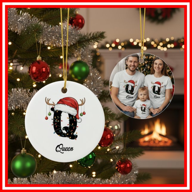 Monogram Family Christmas Antlers Santa Hat PHOTO Ceramic Ornament (Creator Uploaded)