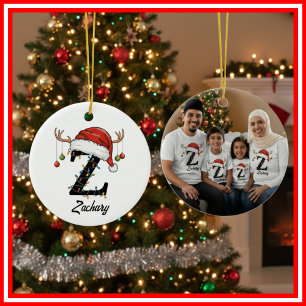 Monogram Family Christmas Antlers Santa Hat PHOTO Ceramic Ornament