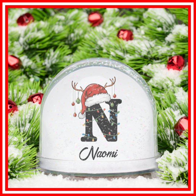Monogram Family Christmas Antlers Santa Hat PHOTO Snowglobe (Creator Uploaded)