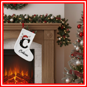 Monogram Family Christmas Antlers Santa Hat  Small Christmas Stocking