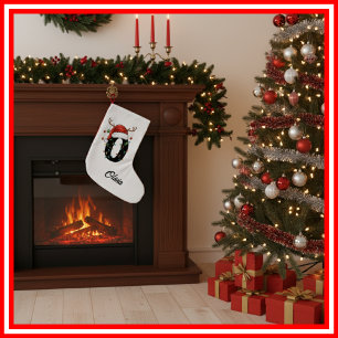 Monogram Family Christmas Antlers Santa Hat Small Stocking