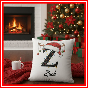 Monogram Family Christmas Antlers Santa Hat  Throw Pillow
