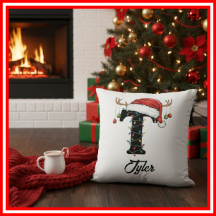 Monogram Family Christmas Antlers Santa Hat  Throw Pillow